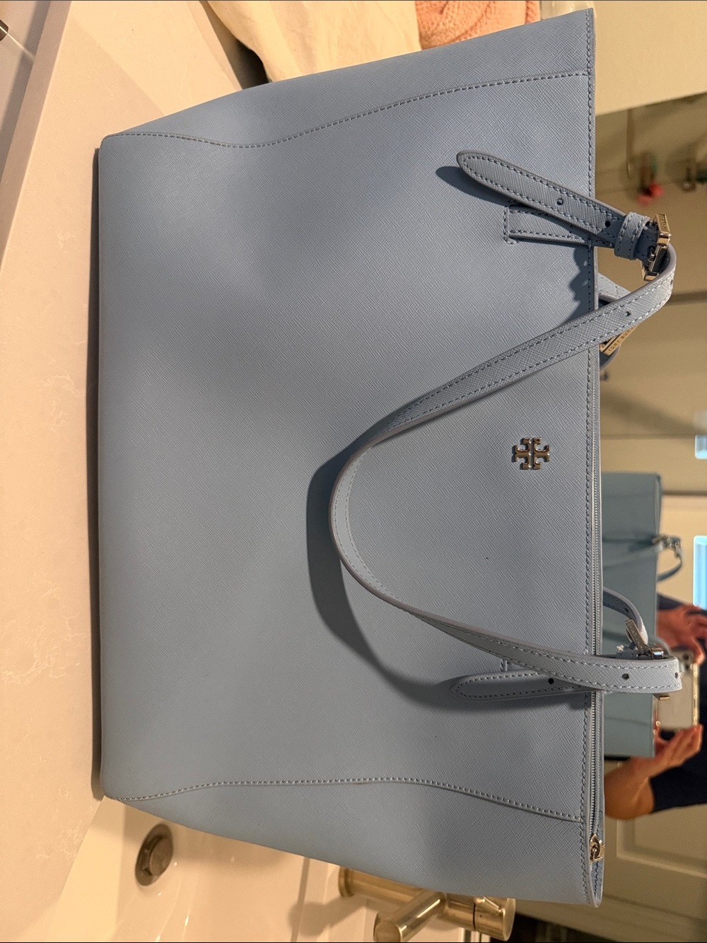 Tory Burch Powder Blue Saffiano Leather Tote